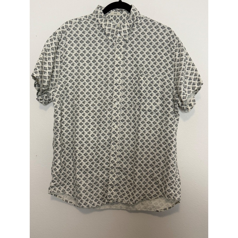 J.Crew Men's Slim Fit 100% Linen Short Sleeve Fish Print Button Down Shirt L